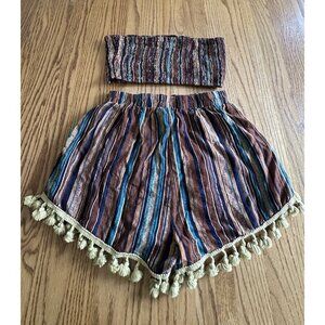 Shein Women 2 Short Set Pom Pom Hem Tube Top Sz S Resort Wear Beach Vacation
